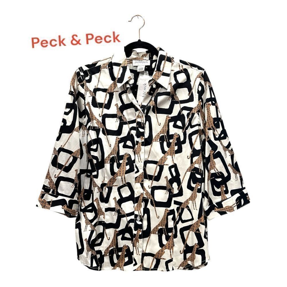 Peck & Peck Giraffe Abstract Pattern Giraffe Cream Geo Animal Print 3/4 Sleeves
